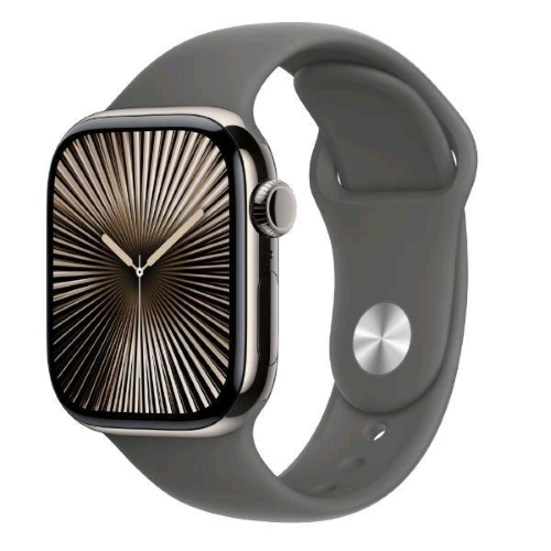 Apple Watch Series 10 (GPS + Cellular) - 46 mm - natural titanium - smartwatch con fascia sportiva - fluoroelastomero - grigio pietra - dimensione della fascia: M/L - 64 GB - LTE, Wi-Fi 4, UWB, Bluetooth - 4G - 41.7 g